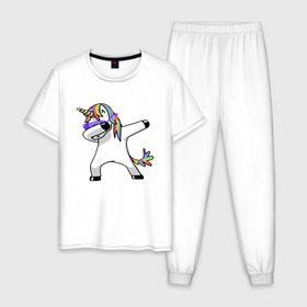 Мужская пижама хлопок с принтом Unicorn dab в Петрозаводске, 100% хлопок | брюки и футболка прямого кроя, без карманов, на брюках мягкая резинка на поясе и по низу штанин
 | арт | единорог | животные | музыка