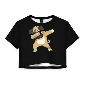 Женская футболка 3D укороченная с принтом Dog dab в Петрозаводске, 100% полиэстер | круглая горловина, длина футболки до линии талии, рукава с отворотами | арт | животное | мопс | музыка | собака
