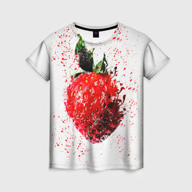 Женская футболка 3D с принтом Клубника в Петрозаводске, 100% полиэфир ( синтетическое хлопкоподобное полотно) | прямой крой, круглый вырез горловины, длина до линии бедер | брызги | земляника | клубника | краски | красный | природа | рисунок | фрукты