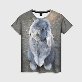 Женская футболка 3D с принтом Кролик в Петрозаводске, 100% полиэфир ( синтетическое хлопкоподобное полотно) | прямой крой, круглый вырез горловины, длина до линии бедер | грызун | животные | заяц | кролик | мордочка | природа | пушистый | уши