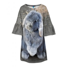 Детское платье 3D с принтом Кролик в Петрозаводске, 100% полиэстер | прямой силуэт, чуть расширенный к низу. Круглая горловина, на рукавах — воланы | Тематика изображения на принте: грызун | животные | заяц | кролик | мордочка | природа | пушистый | уши