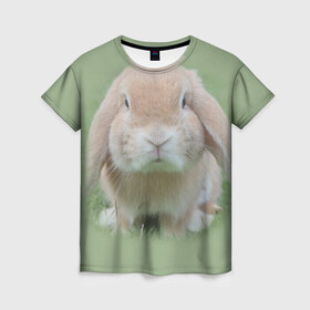 Женская футболка 3D с принтом Кролик в Петрозаводске, 100% полиэфир ( синтетическое хлопкоподобное полотно) | прямой крой, круглый вырез горловины, длина до линии бедер | грызун | животные | заяц | кролик | мордочка | природа | пушистый | уши