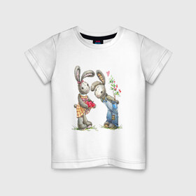 Детская футболка хлопок с принтом Любовь в Петрозаводске, 100% хлопок | круглый вырез горловины, полуприлегающий силуэт, длина до линии бедер | акварель | зайчиха | заяц | игрушка | кролики | мимими | плюшевый | рисунок | ягода