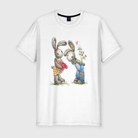 Мужская футболка премиум с принтом Любовь в Петрозаводске, 92% хлопок, 8% лайкра | приталенный силуэт, круглый вырез ворота, длина до линии бедра, короткий рукав | акварель | зайчиха | заяц | игрушка | кролики | мимими | плюшевый | рисунок | ягода