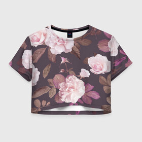 Женская футболка 3D укороченная с принтом Цветы в Петрозаводске, 100% полиэстер | круглая горловина, длина футболки до линии талии, рукава с отворотами | flowers | розы | цветы