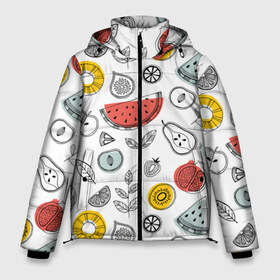 Мужская зимняя куртка 3D с принтом Летний микс в Петрозаводске, верх — 100% полиэстер; подкладка — 100% полиэстер; утеплитель — 100% полиэстер | длина ниже бедра, свободный силуэт Оверсайз. Есть воротник-стойка, отстегивающийся капюшон и ветрозащитная планка. 

Боковые карманы с листочкой на кнопках и внутренний карман на молнии. | Тематика изображения на принте: ананас | апельсин | арбуз | груша | еда | клубника | лето | листья | минимализм | персик | раскраска | фрукты | ягоды