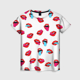 Женская футболка 3D с принтом Игривые губы в Петрозаводске, 100% полиэфир ( синтетическое хлопкоподобное полотно) | прямой крой, круглый вырез горловины, длина до линии бедер | арт | губы | паттерн | поп | язык