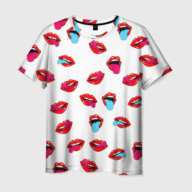 Мужская футболка 3D с принтом Игривые губы в Петрозаводске, 100% полиэфир | прямой крой, круглый вырез горловины, длина до линии бедер | арт | губы | паттерн | поп | язык