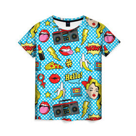 Женская футболка 3D с принтом Девочка из комикса в Петрозаводске, 100% полиэфир ( синтетическое хлопкоподобное полотно) | прямой крой, круглый вырез горловины, длина до линии бедер | паттерн | поп арт | яркий