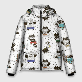 Мужская зимняя куртка 3D с принтом Лесные супергерои в Петрозаводске, верх — 100% полиэстер; подкладка — 100% полиэстер; утеплитель — 100% полиэстер | длина ниже бедра, свободный силуэт Оверсайз. Есть воротник-стойка, отстегивающийся капюшон и ветрозащитная планка. 

Боковые карманы с листочкой на кнопках и внутренний карман на молнии. | Тематика изображения на принте: енот | лес | лис | лось | медведь | паттерн | сова