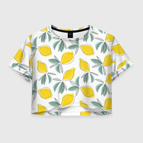 Женская футболка 3D укороченная с принтом Лимончики в Петрозаводске, 100% полиэстер | круглая горловина, длина футболки до линии талии, рукава с отворотами | лимоны | минимализм | паттерн | фрукты | цитрусовые