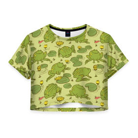 Женская футболка 3D укороченная с принтом Лягухи в Петрозаводске, 100% полиэстер | круглая горловина, длина футболки до линии талии, рукава с отворотами | болото | жабы | квакухи | кувшинки | лягушки | паттерн