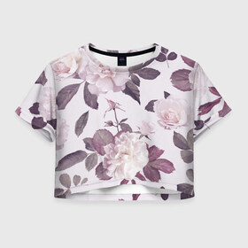 Женская футболка 3D укороченная с принтом Розы в Петрозаводске, 100% полиэстер | круглая горловина, длина футболки до линии талии, рукава с отворотами | flower | rose | лепестки | розы | сад | цветок | цветы