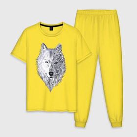 Мужская пижама хлопок с принтом Рисованный волк в Петрозаводске, 100% хлопок | брюки и футболка прямого кроя, без карманов, на брюках мягкая резинка на поясе и по низу штанин
 | арт | волки | графика | животные | узор | хищники | черно белые