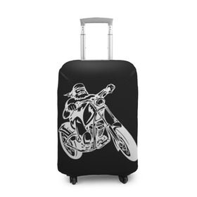 Чехол для чемодана 3D с принтом Байкер в Петрозаводске, 86% полиэфир, 14% спандекс | двустороннее нанесение принта, прорези для ручек и колес | biker | black and white | man | motorcycle | motorcyclist | silhouette | stencil | байкер | мотоцикл | мотоциклист | мужчина | силуэт | трафарет | черно белый