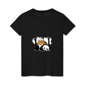 Женская футболка хлопок с принтом Зверушки спят в лесу в Петрозаводске, 100% хлопок | прямой крой, круглый вырез горловины, длина до линии бедер, слегка спущенное плечо | зайчик | заяц | милота | мишка | панда