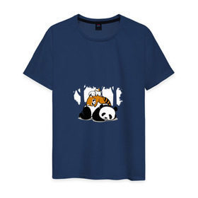 Мужская футболка хлопок с принтом Зверушки спят в лесу в Петрозаводске, 100% хлопок | прямой крой, круглый вырез горловины, длина до линии бедер, слегка спущенное плечо. | Тематика изображения на принте: зайчик | заяц | милота | мишка | панда