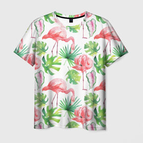 Мужская футболка 3D с принтом Розовые в Петрозаводске, 100% полиэфир | прямой крой, круглый вырез горловины, длина до линии бедер | Тематика изображения на принте: листья | папоротник | паттерн | фламинго