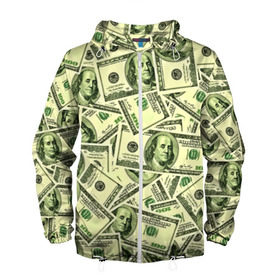 Мужская ветровка 3D с принтом Benjamin Franklin в Петрозаводске, 100% полиэстер | подол и капюшон оформлены резинкой с фиксаторами, два кармана без застежек по бокам, один потайной карман на груди | 3d | benjamin franklin | америка | богатство | валюта | денежные купюры | деньги | доллар | зеленые | сша | текстуры