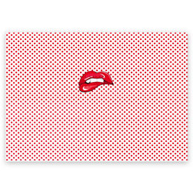 Поздравительная открытка с принтом Губы Горох в Петрозаводске, 100% бумага | плотность бумаги 280 г/м2, матовая, на обратной стороне линовка и место для марки
 | swag | блики | девушка | женщина | зубы | королева | красная помада | красный горошек | лицо | поцелуй | прикус | принт | улыбка | целовать