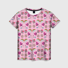 Женская футболка 3D с принтом Стикеры для Нее в Петрозаводске, 100% полиэфир ( синтетическое хлопкоподобное полотно) | прямой крой, круглый вырез горловины, длина до линии бедер | звезды | пончик | радуга | розовый | сердечко | я тебя люблю