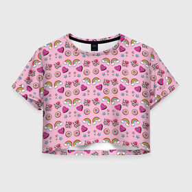 Женская футболка 3D укороченная с принтом Стикеры для Нее в Петрозаводске, 100% полиэстер | круглая горловина, длина футболки до линии талии, рукава с отворотами | звезды | пончик | радуга | розовый | сердечко | я тебя люблю
