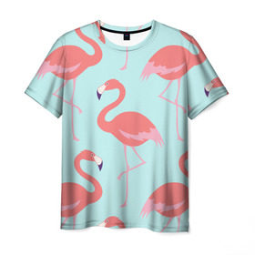 Мужская футболка 3D с принтом Flamingos pattern в Петрозаводске, 100% полиэфир | прямой крой, круглый вырез горловины, длина до линии бедер | animals | beautiful | bird | birds | birdy | blue | color | flamingo | nature | wild | белое | голубое | животные | красивое | красота | милое | природа | птица | птицы | птичка | птички | синее | фламинго | цвет | яркое