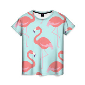 Женская футболка 3D с принтом Flamingos pattern в Петрозаводске, 100% полиэфир ( синтетическое хлопкоподобное полотно) | прямой крой, круглый вырез горловины, длина до линии бедер | animals | beautiful | bird | birds | birdy | blue | color | flamingo | nature | wild | белое | голубое | животные | красивое | красота | милое | природа | птица | птицы | птичка | птички | синее | фламинго | цвет | яркое