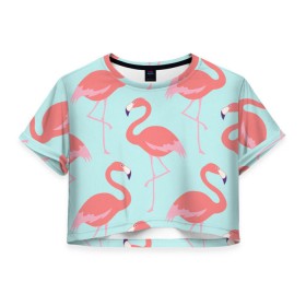 Женская футболка 3D укороченная с принтом Flamingos pattern в Петрозаводске, 100% полиэстер | круглая горловина, длина футболки до линии талии, рукава с отворотами | Тематика изображения на принте: animals | beautiful | bird | birds | birdy | blue | color | flamingo | nature | wild | белое | голубое | животные | красивое | красота | милое | природа | птица | птицы | птичка | птички | синее | фламинго | цвет | яркое