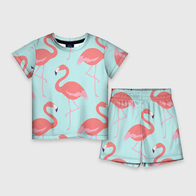 Детский костюм с шортами 3D с принтом Flamingos pattern в Петрозаводске,  |  | animals | beautiful | bird | birds | birdy | blue | color | flamingo | nature | wild | белое | голубое | животные | красивое | красота | милое | природа | птица | птицы | птичка | птички | синее | фламинго | цвет | яркое