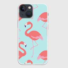 Чехол для iPhone 13 mini с принтом Flamingos pattern в Петрозаводске,  |  | animals | beautiful | bird | birds | birdy | blue | color | flamingo | nature | wild | белое | голубое | животные | красивое | красота | милое | природа | птица | птицы | птичка | птички | синее | фламинго | цвет | яркое