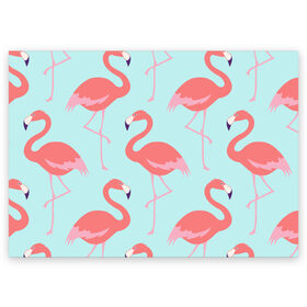 Поздравительная открытка с принтом Flamingos pattern в Петрозаводске, 100% бумага | плотность бумаги 280 г/м2, матовая, на обратной стороне линовка и место для марки
 | animals | beautiful | bird | birds | birdy | blue | color | flamingo | nature | wild | белое | голубое | животные | красивое | красота | милое | природа | птица | птицы | птичка | птички | синее | фламинго | цвет | яркое