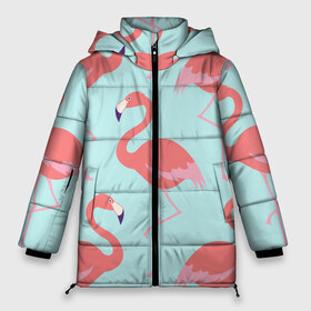 Женская зимняя куртка 3D с принтом Flamingos pattern в Петрозаводске, верх — 100% полиэстер; подкладка — 100% полиэстер; утеплитель — 100% полиэстер | длина ниже бедра, силуэт Оверсайз. Есть воротник-стойка, отстегивающийся капюшон и ветрозащитная планка. 

Боковые карманы с листочкой на кнопках и внутренний карман на молнии | Тематика изображения на принте: animals | beautiful | bird | birds | birdy | blue | color | flamingo | nature | wild | белое | голубое | животные | красивое | красота | милое | природа | птица | птицы | птичка | птички | синее | фламинго | цвет | яркое