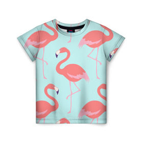 Детская футболка 3D с принтом Flamingos pattern в Петрозаводске, 100% гипоаллергенный полиэфир | прямой крой, круглый вырез горловины, длина до линии бедер, чуть спущенное плечо, ткань немного тянется | animals | beautiful | bird | birds | birdy | blue | color | flamingo | nature | wild | белое | голубое | животные | красивое | красота | милое | природа | птица | птицы | птичка | птички | синее | фламинго | цвет | яркое