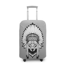 Чехол для чемодана 3D с принтом Indian wolf в Петрозаводске, 86% полиэфир, 14% спандекс | двустороннее нанесение принта, прорези для ручек и колес | indian | wolf | волк | голова животного | индеец | перья