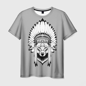 Мужская футболка 3D с принтом Indian wolf в Петрозаводске, 100% полиэфир | прямой крой, круглый вырез горловины, длина до линии бедер | Тематика изображения на принте: indian | wolf | волк | голова животного | индеец | перья