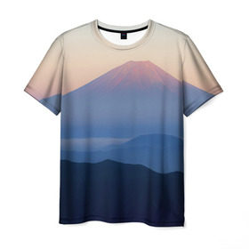 Мужская футболка 3D с принтом Фудзияма в Петрозаводске, 100% полиэфир | прямой крой, круглый вырез горловины, длина до линии бедер | Тематика изображения на принте: fuji | вулкан | горы | рассвет | солнце | туман | утро | япония