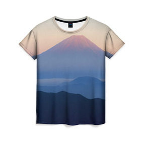 Женская футболка 3D с принтом Фудзияма в Петрозаводске, 100% полиэфир ( синтетическое хлопкоподобное полотно) | прямой крой, круглый вырез горловины, длина до линии бедер | Тематика изображения на принте: fuji | вулкан | горы | рассвет | солнце | туман | утро | япония