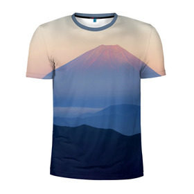 Мужская футболка 3D спортивная с принтом Фудзияма в Петрозаводске, 100% полиэстер с улучшенными характеристиками | приталенный силуэт, круглая горловина, широкие плечи, сужается к линии бедра | fuji | вулкан | горы | рассвет | солнце | туман | утро | япония