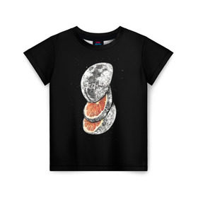 Детская футболка 3D с принтом Луна дольками в Петрозаводске, 100% гипоаллергенный полиэфир | прямой крой, круглый вырез горловины, длина до линии бедер, чуть спущенное плечо, ткань немного тянется | апельсин | грейпфрут | ломтики | цитрус