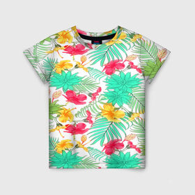 Детская футболка 3D с принтом Tropical pattern в Петрозаводске, 100% гипоаллергенный полиэфир | прямой крой, круглый вырез горловины, длина до линии бедер, чуть спущенное плечо, ткань немного тянется | 3d | арт | лето | пальмы | текстура | тропический | узор | цветы