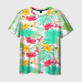 Мужская футболка 3D с принтом Tropical pattern в Петрозаводске, 100% полиэфир | прямой крой, круглый вырез горловины, длина до линии бедер | 3d | арт | лето | пальмы | текстура | тропический | узор | цветы