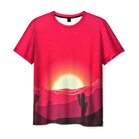 Мужская футболка 3D с принтом Gorgeous sunset в Петрозаводске, 100% полиэфир | прямой крой, круглый вырез горловины, длина до линии бедер | 3d | арт | дикий запад | закат | кактус | природа | солнце