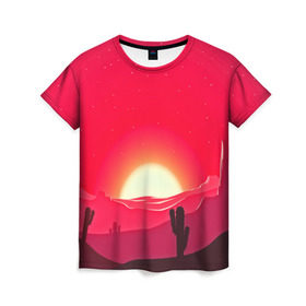 Женская футболка 3D с принтом Gorgeous sunset в Петрозаводске, 100% полиэфир ( синтетическое хлопкоподобное полотно) | прямой крой, круглый вырез горловины, длина до линии бедер | 3d | арт | дикий запад | закат | кактус | природа | солнце