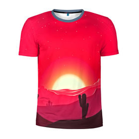 Мужская футболка 3D спортивная с принтом Gorgeous sunset в Петрозаводске, 100% полиэстер с улучшенными характеристиками | приталенный силуэт, круглая горловина, широкие плечи, сужается к линии бедра | 3d | арт | дикий запад | закат | кактус | природа | солнце