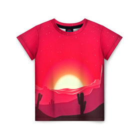 Детская футболка 3D с принтом Gorgeous sunset в Петрозаводске, 100% гипоаллергенный полиэфир | прямой крой, круглый вырез горловины, длина до линии бедер, чуть спущенное плечо, ткань немного тянется | 3d | арт | дикий запад | закат | кактус | природа | солнце