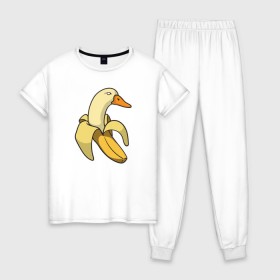 Женская пижама хлопок с принтом утка банан в Петрозаводске, 100% хлопок | брюки и футболка прямого кроя, без карманов, на брюках мягкая резинка на поясе и по низу штанин | Тематика изображения на принте: banana | duck | meme | банан | мем | утка