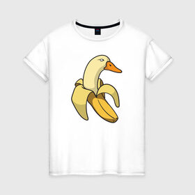 Женская футболка хлопок с принтом утка банан в Петрозаводске, 100% хлопок | прямой крой, круглый вырез горловины, длина до линии бедер, слегка спущенное плечо | Тематика изображения на принте: banana | duck | meme | банан | мем | утка