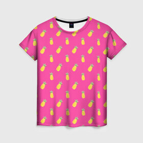 Женская футболка 3D с принтом Ананасы в Петрозаводске, 100% полиэфир ( синтетическое хлопкоподобное полотно) | прямой крой, круглый вырез горловины, длина до линии бедер | акварель | ананас | арт | лето | орнамент | паттерн | розовый | тропики | узор | фрукт | фрукты