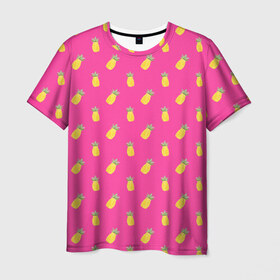 Мужская футболка 3D с принтом Ананасы в Петрозаводске, 100% полиэфир | прямой крой, круглый вырез горловины, длина до линии бедер | акварель | ананас | арт | лето | орнамент | паттерн | розовый | тропики | узор | фрукт | фрукты